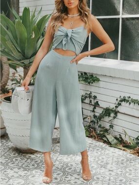Hello Molly Ducking & Diving Jumpsuit XS Sage Green Tie Front Linen Blend